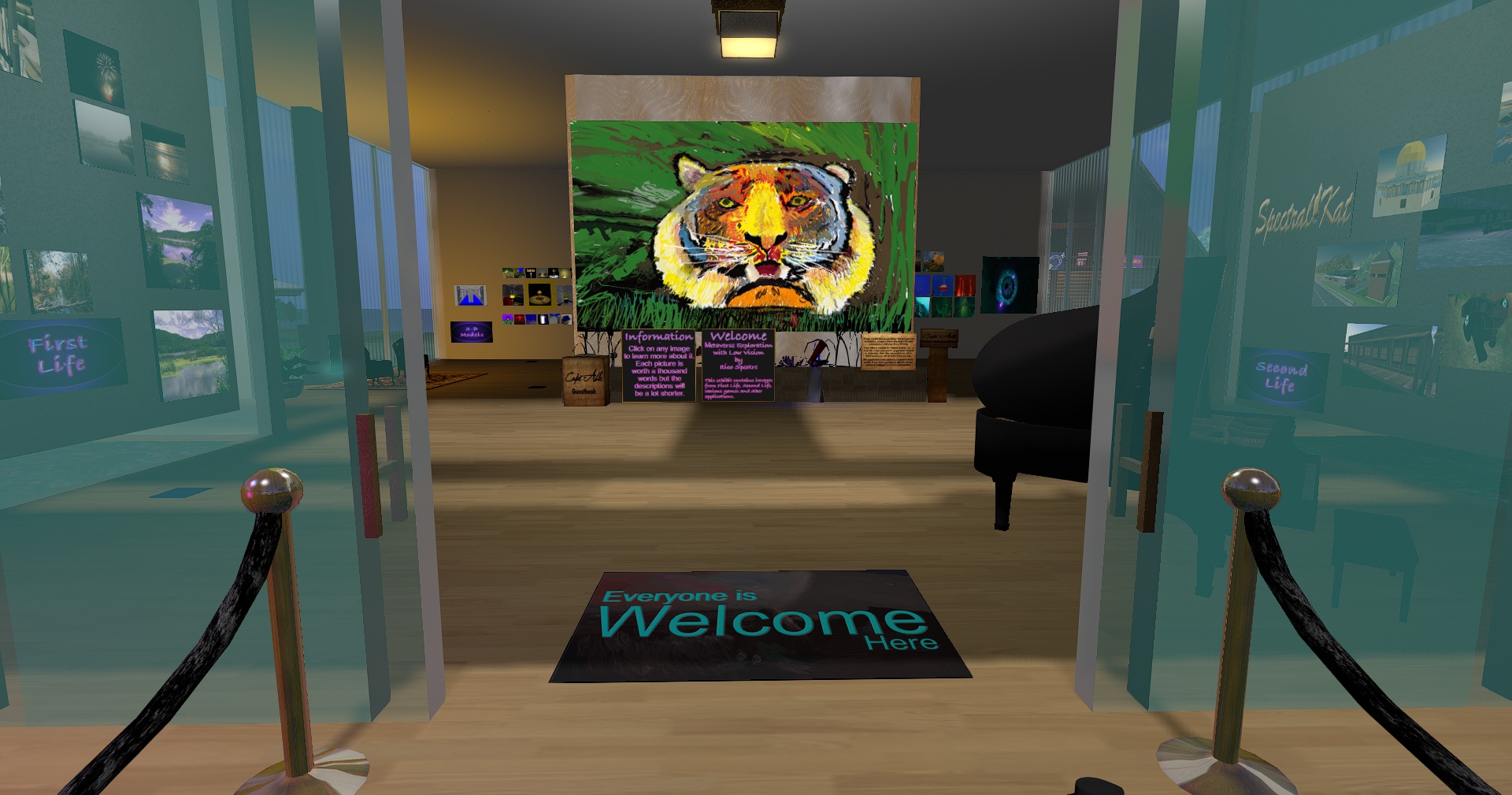 Lobby view of the Virtual Ability art gallery in Second Life, featuring a large, brightly colored abstract tiger painting centered on the wall.