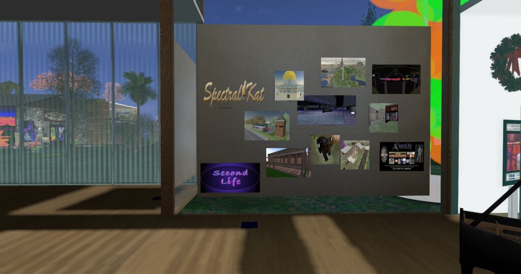 Inside the Virtual Ability art gallery showing a wall of early Second Life builds and business logos.
