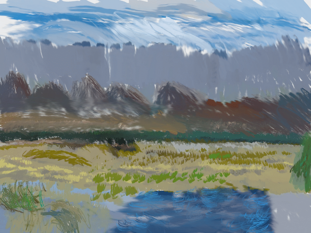 This is a digital oil painting done in the Vermillion VR oil painting simulator. It depicts a look out over a lake with a ridge in the background. There are vague bush and tree looking objects but it's nothing but color and shadow.