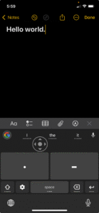 A screenshot of an iPhone screen with an open note that reads, "Hello world."