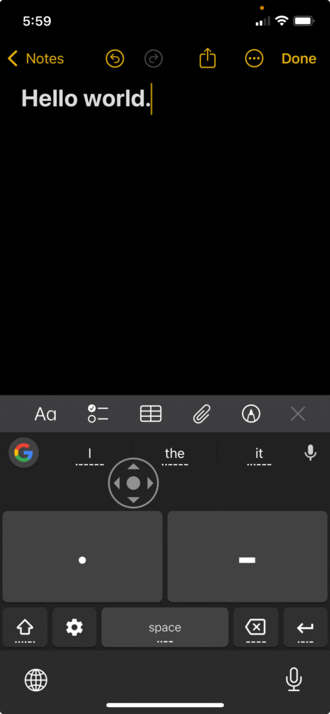 A screenshot of an iPhone screen with an open note that reads, "Hello world."