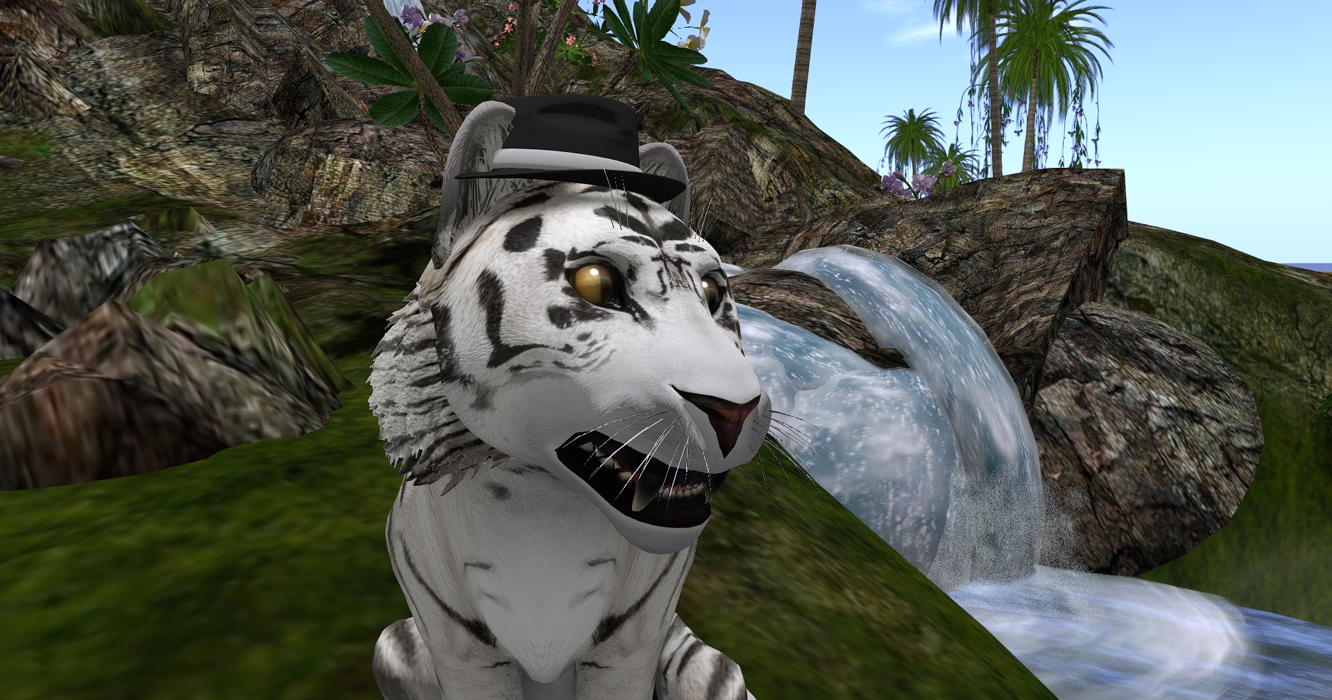 Image of Itico in front of a waterfall taken at the Sojourner Auditorium in Second Life