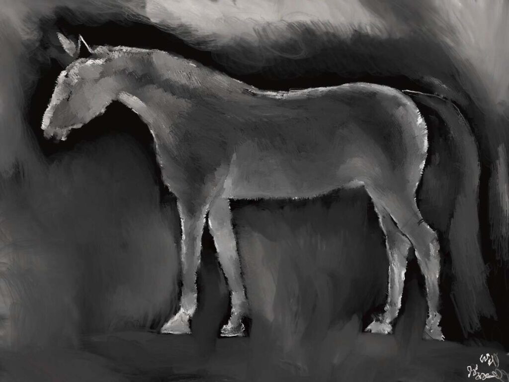 Thumbnail image of a digital oil painting of a horse done in white on black.