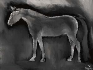 Thumbnail image of a digital oil painting of a horse done in white on black.