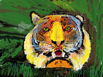 A colorful portrait of a tiger painted in surreal bright colors done in the oil painting simulator Vermillion VR.