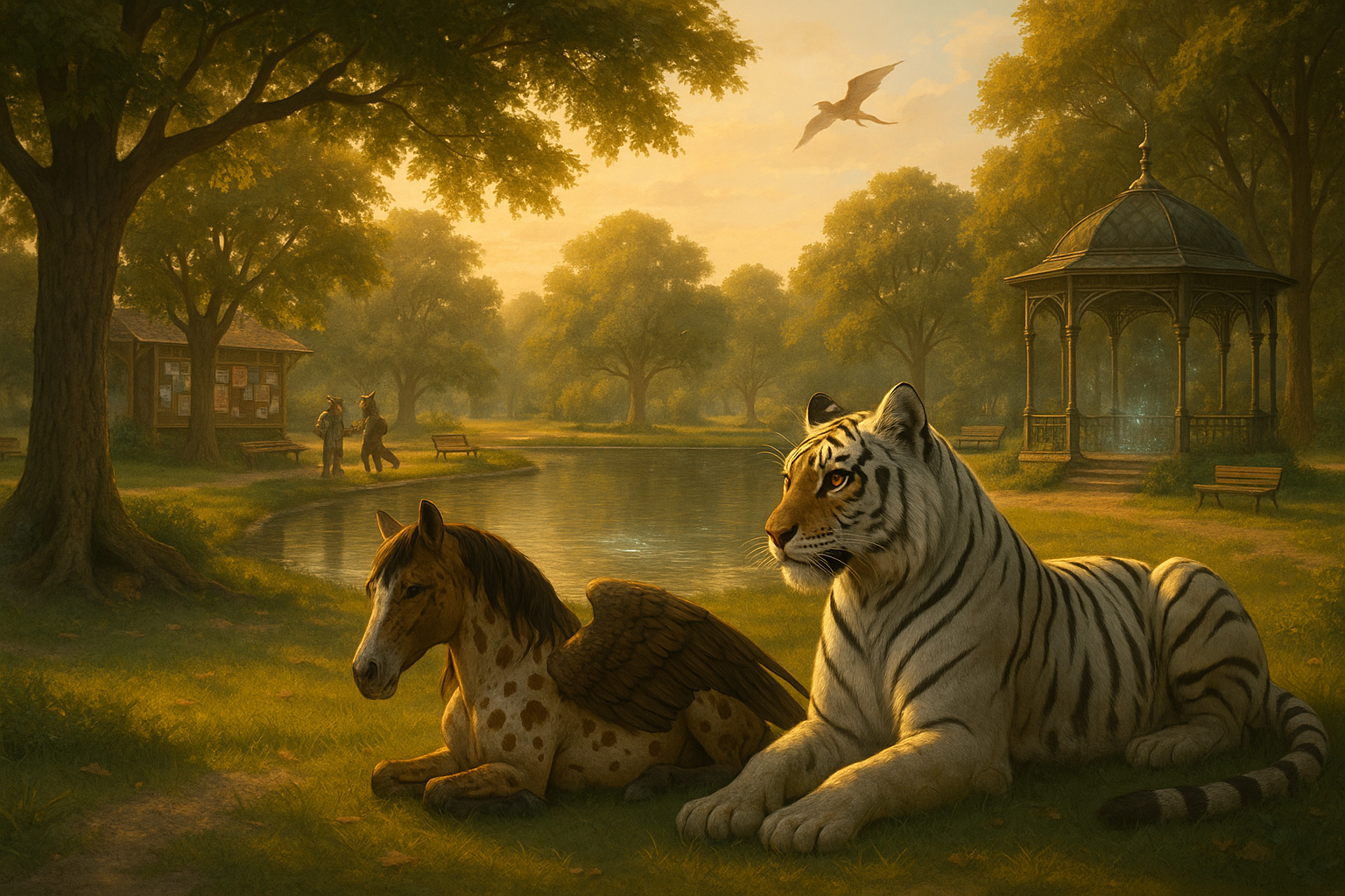 Itico and a former friend resting in a fantastical park. This image was created by ChatGPT.