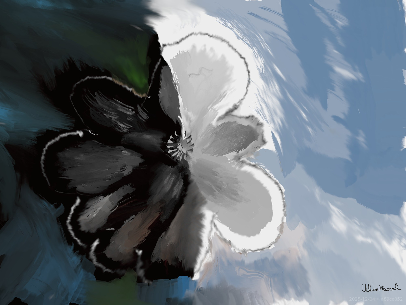 A roughly half-and-half dark on light and light on dark abstract paining that looks either like a flower or a squash depending on who you ask.