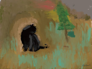 Impressionistic cat sitting outside, virtual oil painting.