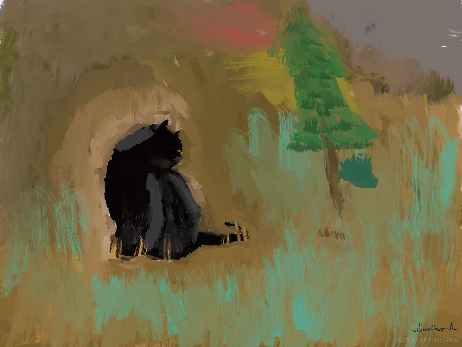 Impressionistic cat sitting outside, virtual oil painting.