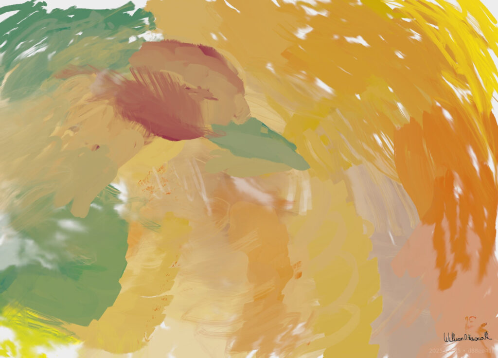 A colorful swirling virtual oil painting with the suggestion of a bird's head inside the pattern.