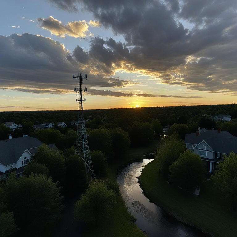 AI generated image of a cellular repeater tower at sunset as seen from high above the ground.